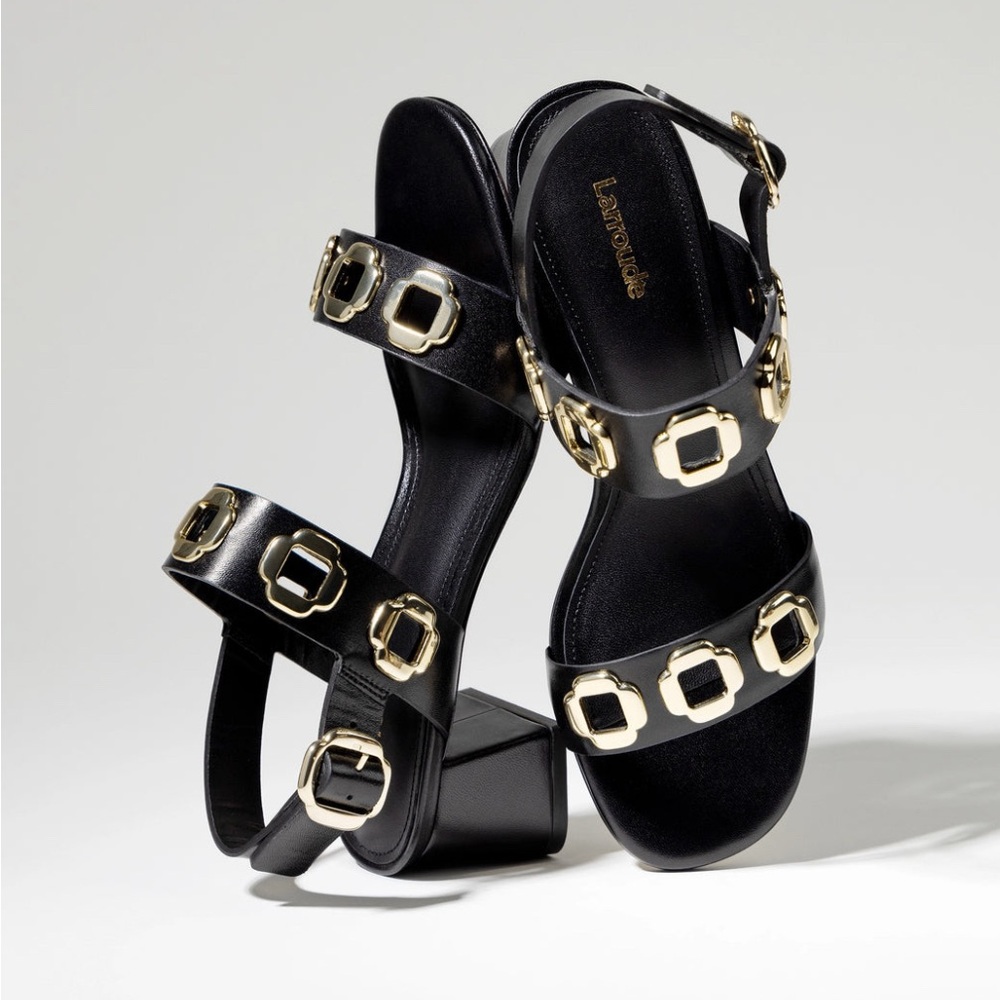 Larroude Milan Sandal In Black Leather with Gold Hardware - Picture 3 of 12